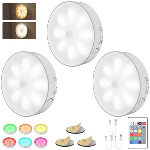 Electight 3 Pack Luces Sensor RGB para Interiores, Luz Nocturna LED Recargable por USB, con Mando a Distancia, Temporizador, para Dormitorio, Pasillo, Escaleras, Garaje, Entrada, Multicolor