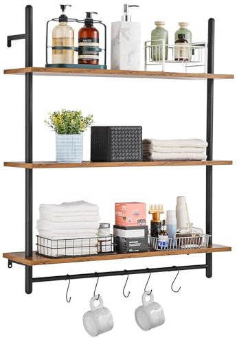 VEVOR Industriell rörhylla, 3 nivåer, 81,3 x 25,9 cm, svävande rustika trähyllor för väggmontering, fäste, utställningshylla, bokhylla, förvaringshylla, hållare för smådelar
