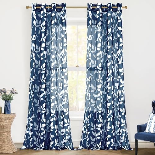 MRTREES Vorhänge mit Ösen Transparent Marineblaue für Wohnzimmer Schlafzimmer Modern, Gardinen Voile mit Muster Weißen Blätterdrucken 2er Set, 225 cm Lang, 140 cm Breit, Curtains Living Room