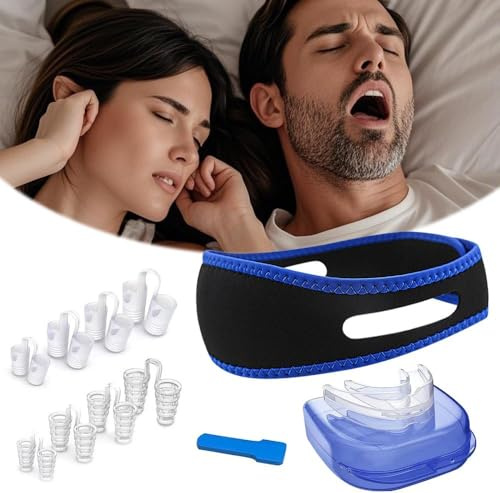 BKEPDY 10 Piezas Kit Antirronquidos Completo Banda Ajustable Mentonera Ergonómica Protector Bucal Dilatadores Nasales Solución Efectiva Dormir Tranquilo