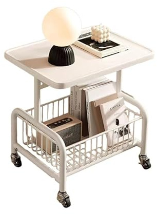 XUDREZ Beistelltisch Rollen, Kontrollierte Stabilität, 43cm Couchtisch Mit Rollen, Beistelltisch Nussbaum Mit Ablagekorb Geeignet für Schlafzimmer, Küche, Salon, Büro, Schule Klein Weiß