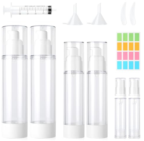 MirraSwit 6 Pcs Airless Flacon Pompe Vide, 10ml/50ml/100ml Rechargeables Flacons à Pompe sans Air, Rechargeables Distributeurs de Crème, avec Seringue, Entonnoir, Autocollant pour Cosmétiques Lotions