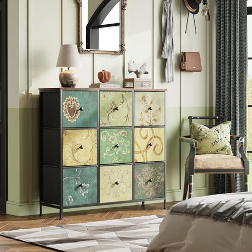 BestAlice byråer, vintage blommigt förvaringsskåp, 9-lådor förvaringsenhet med tygfack, trätopp, metallram för sovrum, vardagsrum, hall (9-lådor)