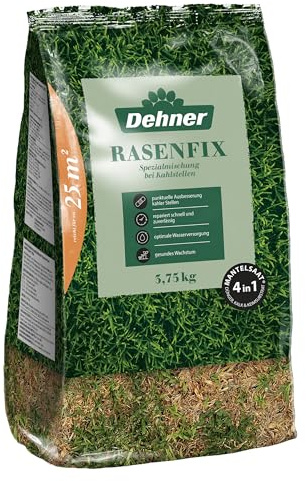 Dehner Rasen-Reparatur Rasenfix, Komplettlösung aus Saatgut, Algenkalk und Keimsubstrat für schnelles Wachstum, Quick-Start-Mantelsaat, FSC-zertifizierte Verpackung, 3.75 kg für ca. 25 m²