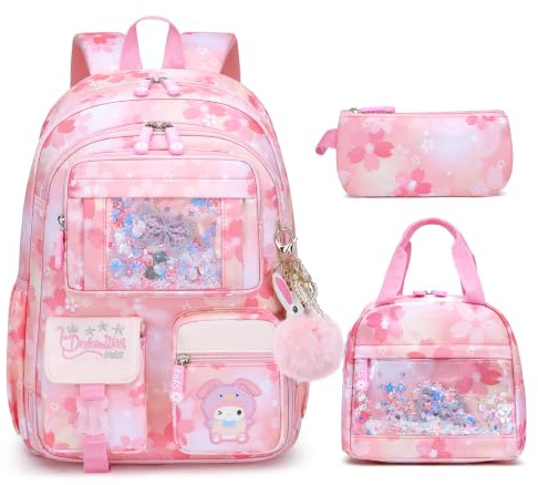 HANXIUCAO Girls School Bag Sets - Water Resistant Cute School Backpack with Laptop Compartment for Primary Secondary Students (Kids Backpack+Insulated Lunch Bag+Pencil Case Pink)