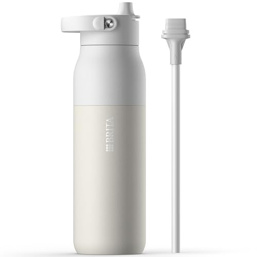 BRITA LARQ Essential Trinkflasche mit Strohhalm (1L) weiß - Edelstahl Wasser-Flasche, doppelwandige Isolierung (24h kalt), mit abnehmbarem Soft-Touch Henkel, spülmaschinengeeignet