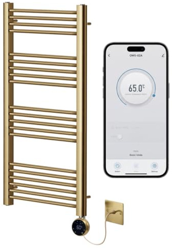 Greened House Brushed Brass Electric WiFi Towel Rail 500mm W x 1200mm H | Smart WiFi Controlled, Heated, Flat Design, 7 Day Programming, App Compatibility