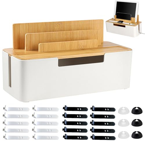 Caja de Gestión de Cables, Box de Almacenamiento con Tapa de Bambú, Caja Organizadora de Cables con Fijador y Sujetacables, para Mesas de Estudio, Encimeras de TV, Mesillas de Noche (Blanco)