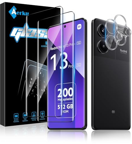 Aerku 2 Piezas 3D Cobertura total Protector de Pantalla para Xiaomi Redmi Note 13 Pro Plus/Note 13 Pro+ 5G con 2 Piezas Protector de Lente de Cámara, 9H Cristal Templado Ultra Resistente