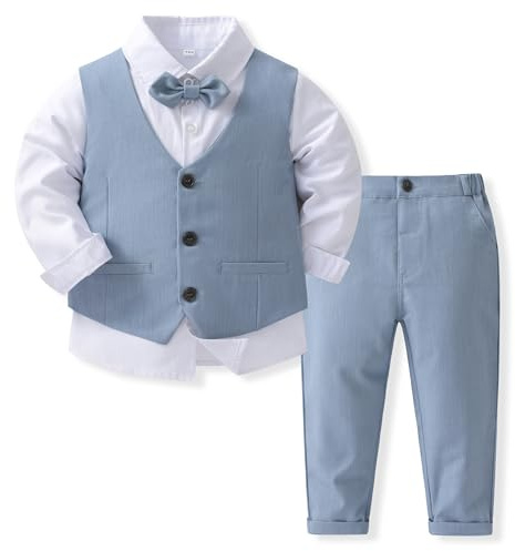 Volunboy Baby kostym pojkar kostymväst skjorta med fluga för festliga bröllopskläder set 4 delar, Blå vit, 3-4 år