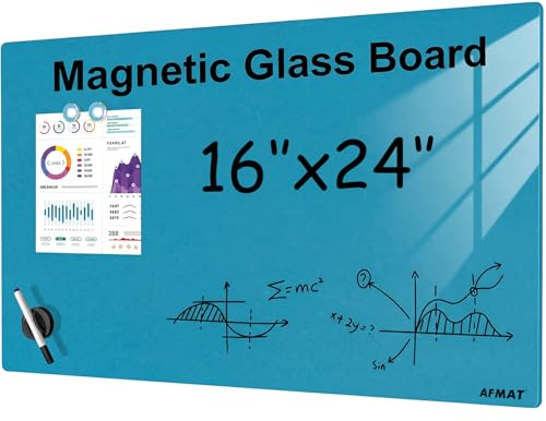 AFMAT Rahmenlose Glas-Magnettafel 60x40 cm, Premium Glas Magnetboard Whiteboard, Hochglänzend, Magnettafel für Wand - Inkl. Magnete, Stift & Tafellöscher, Whiteboard für Büro, Küche, Wohnung,Blau,GB05