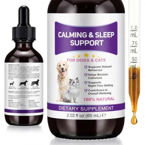 Melatonin Tropfen für Hunde und Katzen 60ml,Beruhigende Haustier Tropfen für Entspannung,Schlafunterstützung,Reise,Feuerwerk und Stresssituationen,Flüssiges Nahrungsergänzungsmittel für Hunde & Katzen