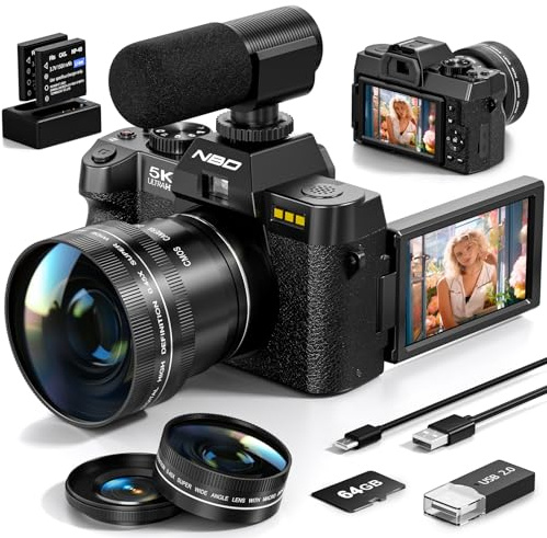 5K&64MP Digital Camera for Photography & Video, 16X Zoom, WiFi, 180° Flip Screen, Autofocus, Anti-Shake, Wide-Angle & Macro Lens, Built-In Fill Light, 64GB Card (Black) (Black)