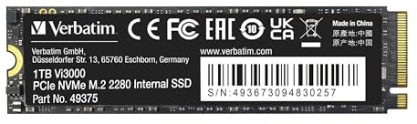 Verbatim Vi3000 NVMe M.2 - Unidad SSD Interna con 1 TB de Almacenamiento de Datos, Unidad de Estado sólido con Interfaz PCIe Gen 3, Color Negro (Reacondicionado)