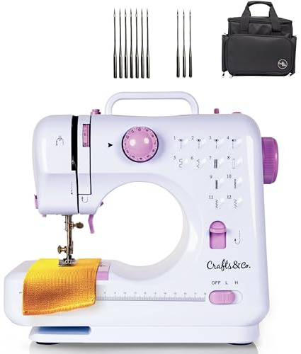 Crafts&Co® Nähmaschine, Tasche & Nadelset Combideal | Mini-Nähmaschine für Anfänger mit 12 Stichen | Nähmaschinentasche mit Staufächern | Weiß-Lila