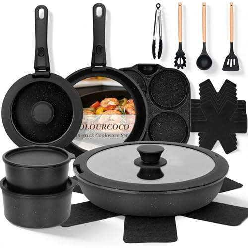 Colourcoco 23-teiliges Topfset Induktions - Antihaftbeschichtetes Kochgeschirr mit Abnehmbarem Griff, Ofenfest & für alle Herdarten Geeignet – Ideal für Zuhause, Camping und Picknick (Schwarz)
