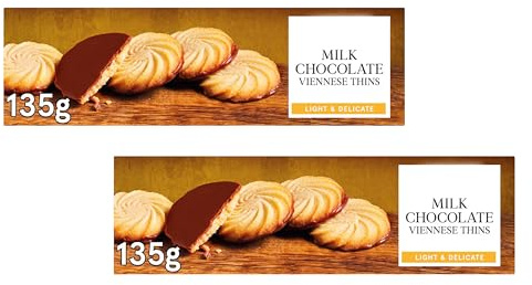 Milk Chocolate Viennese Thins, Light & Delicate Biscuits, Vegetarian-Suitable, 135g, Pack of 2