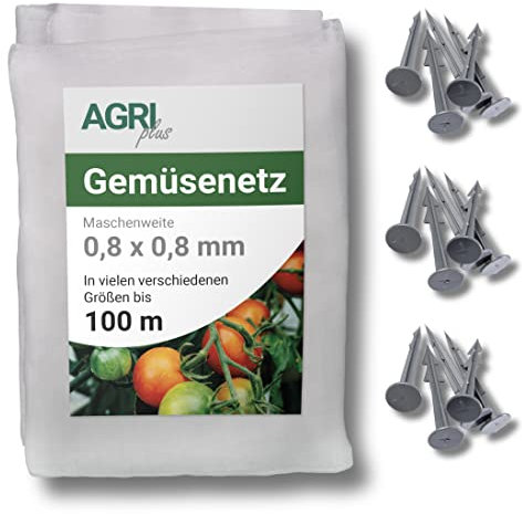 Ariplus - Red de protección contra plagas ecológica, Rejilla Malla Fina y Estrecha para Verduras, Red de Protección para Cultivos y Plagas, 3 x 10 m, con 25 Piquetas