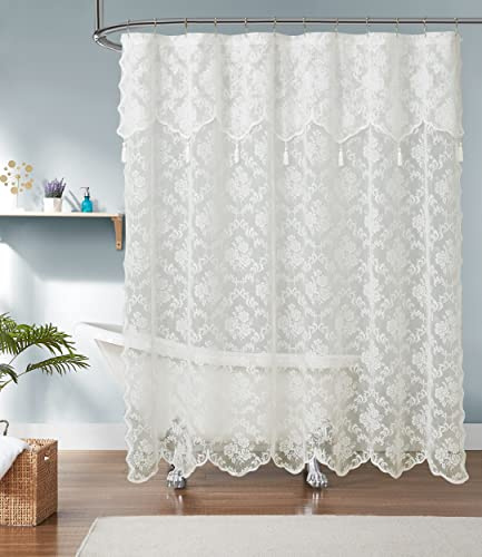 LinenZone Extra Langer Duschvorhang mit Volant, 183 x 213 cm, Spitzenstoff, ideal für Landhaus- oder rustikale Dekor. Moderner Duschvorhang im Landhausstil (Mia Shower, 183 x 213 cm, elfenbeinfarben)