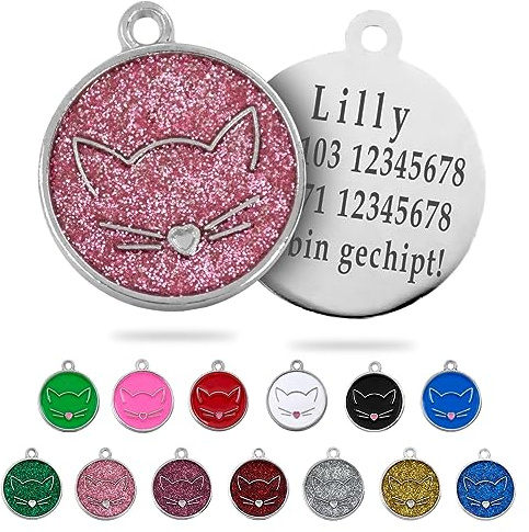 Ibera gifts - Runder Anhänger Katze mit Katzengesicht, personalisierter Adressanhänger für mittelgroße bis große Katzen, legiertes Metall, 25 x 25 mm, 4 Gravurzeilen auf der Rückseite (rosa Glitter)