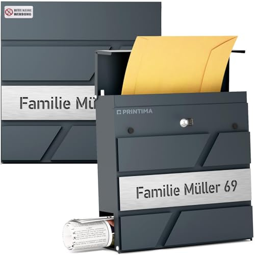 PRINTIMA Julia Gravur Personalisierter Briefkasten Anthrazit (RAL7016) mit Zeitungsfach: Wetterbeständigkeit, Funktion trifft auf Qualität und Stil, 37x37x11cm DIN EN 13724