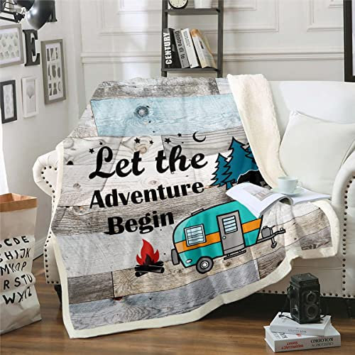 Rustikale Camping Theme Wurf Decke für Rv Bunks 130x150cm,Land Bauernhaus Camper Auto Sherpa Decke Set für Kinder Erwachsene Woodland Pine Tree Bär Fleece Decke Alte Scheune Tür Flanell Decke Grau