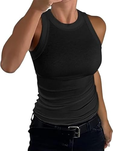 Haibang Tank Top Damen Sommer Ärmellos Oberteile Racerback High Neck Tanktops Sexy Slim Fit Basic Shirt Einfarbig Gerippt Weste Bluse