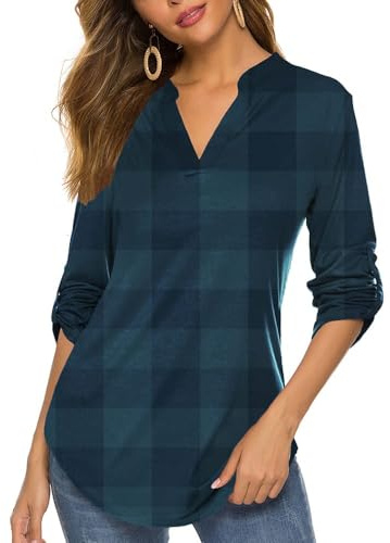 BDTECAOR Longshirt Damen 3/4 Arm Karierte Bluse V-Ausschnitt Lockere Oberteile Grün kariert XXL