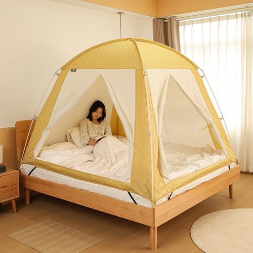 Isoliertes Bettzelt Sichtschutz Schlafzelt Verdunkelung Thermo-Betthimmel mit 3 Türen Verdickt und Warm Winter Kälteschutz Bettzelt Haushaltsgebrauch(2 M x 1.2 M x 1.35 M)
