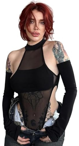 JasmyGirls Traje de manga larga para mujer, cuello alto falso, malla transparente, ropa de calle Y2K, Negro, XS-S
