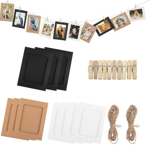 DWFEYOI Lot de 20 Cadre photo en papier, bricolage créatif rétro en papier kraft, cadre photo à suspendre,Lot Cadre Photo, Cadre Photo Avec Pince En carton, Avec pinces en bois et cordes de chanvre