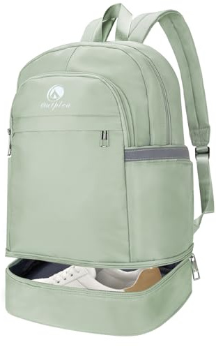 Outplea 28L Gym Backpack for Women Men with Shoe Compartment & Wet Pocket, Travel Backpack with Trolley Sleeve, Sports Rucksack for Dance Swimming, Green