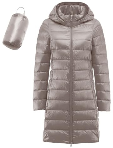 Plumifero Ultraligero Mujer Largo Abrigo Acolchado con Capucha Extraíble Chaqueta Larga y Ligera de Plumón para Mujer Abrigo Ajustado Ropa de Abrigo Impermeable Invierno Cálido Senderismo