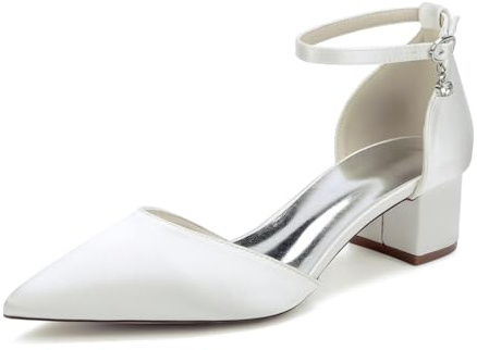 TNMIUH Scarpe da Sposa Donna Eleganti con Tacco Medio, Punta Affusolata, Cinturino alla Caviglia, Colore Bianco, Avorio Raso, Stile Classico per Cerimonie,Avorio,39 EU