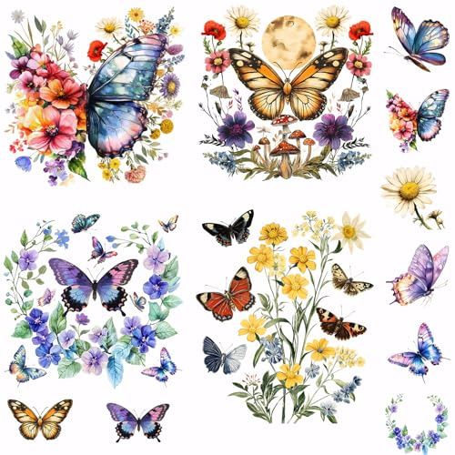 SUPERDANT 12 pegatinas de transferencia de calor de mariposa natural, flor de luna, transferencias para planchar, calcomanías lavables para ropa, camisetas, apliques de bricolaje