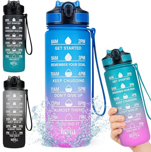 Austika Trends 1L Water Bottle with Straw, BPA-Free Leakproof Sports Drink Bottle with Time Markings, Plastic Reusable Water Bottle for Gym, Cycling, Office & Outdoor (Pink/Blue)