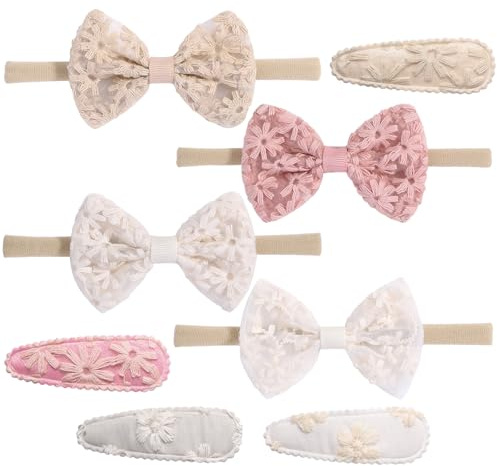 SUBTAVIK Pack de 8 Diademas y Horquillas para Bebés, Accesorios de Pelo Suaves con Flores para Niñas, Rosa/Blanco