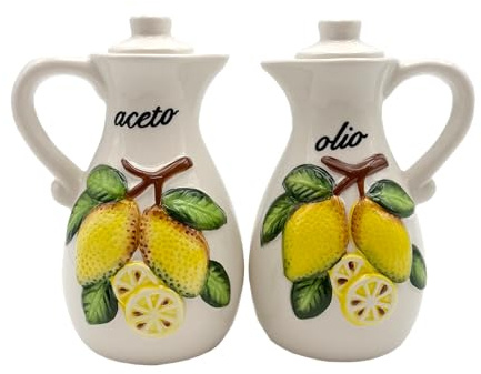 DIVINA SF219L Ensemble d'huile et de vinaigre en céramique avec citrons, 2 bouteilles, multicolores, avec bouchon sauver l'arôme