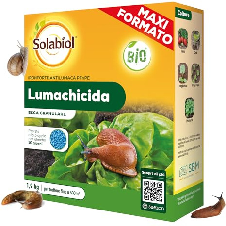 Solabiol Lumachicida PFnPE Biologico a base di Fosfato Ferrico, elimina lumache e chiocciole 1,9 Kg