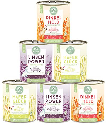 naftie veganes Hundefutter Mixpaket - Bio Nassfutter vegan für Hunde - Spar-Paket 3 Sorten - rein pflanzlich - purinarm - Diät-Futter nass - 6X 800g
