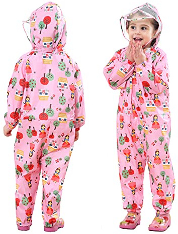 FILOWA Impermeabile Pioggia Bambina Impermeabile Antipioggia Tuta Bambini con Cappuccio Ragazze Ragazza Rosa Modello Poncho Portatile Jogging Tutto in Uno Giacche Impermeabili Bimba 1-3 Anni