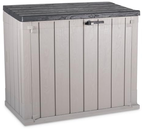 TOOMAX Storer Plus XL Baule da 1270L portattrezzi giardino, 145x85x124,5h cm, effetto legno grigio talpa/antracite, porta bidoni spazzatura con coperchio assistito, resistente ai raggi UV, per esterni