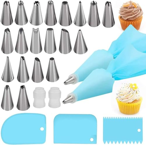 Silikon-Spritzbeutel, wiederverwendbarer Sahne-Spritzbeutel und 20 × Edelstahl-Düsen-Set zum Selbermachen von Kuchen Dekorieren (20 × Düse, 2 × Zuckerguss-Spritzbeutel und 2 x Konverter und 3 ×