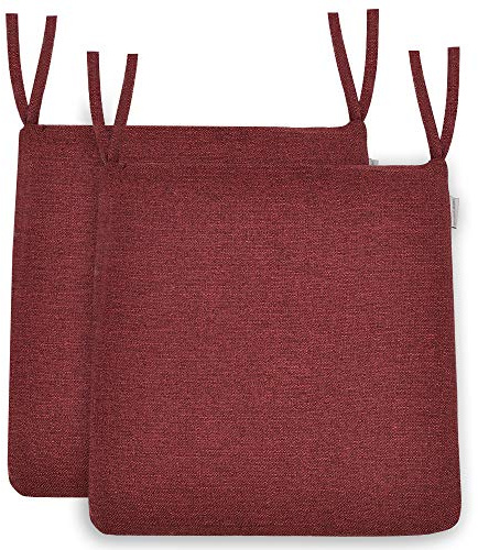 BALCONY & FALCON 2er Set Stuhlkissen in Rot mit Bindebändern in Leinenoptik | BALCONY & FALCON trapezförmige Sitzkissen, 38–42 cm große, wasserabweisend, Sitzpolster und Auflage, Indoor und Outdoor