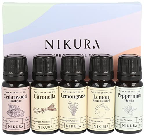 Nikura Insect Repellent Essential Oil Gift Set - 5 x 10ml | Mosquito Repellent, Holiday, Spider Repellent, Essential Oils for Diffuser for Home | Cedarwood, Citronella, Lemon, Lemongrass, Peppermint