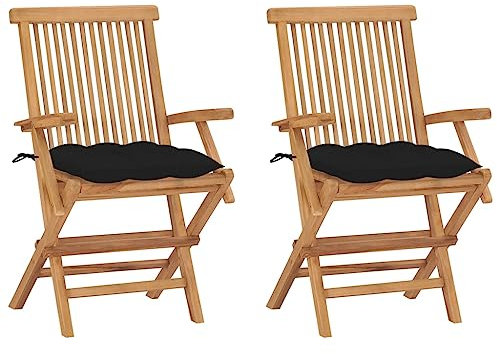 vidaXL 2X Massivt Teak Wood trädgårdsstolar med kuddar uteplats stolar terrassstolar utomhus fällbara stolar svart