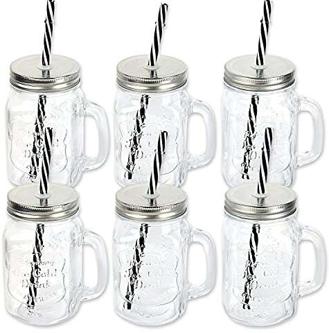 Schramm® 6 Stück Trinkgläser mit Deckel, Henkel und Mehrweg -Strohhalm Trinkhalm wiederverwendbar (iii) in 4 Varianten wählbar Glas Gläser Trinkglas Cocktail Drinking, Farbe:Silber
