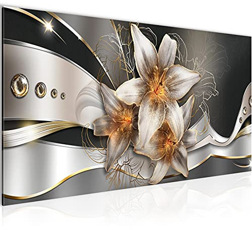 Runa Art Wandbild Blumen Lilien 1 Teilig 100 x 40 cm Modern Bild auf Vlies Leinwand Abstrakt Wohnzimmer Gelb Gold 039612a