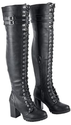 Dream Apparel Women's Faux Leather Over The Knee Thigh High Boots, Black Lace Up Knee High Boots With Chunky Heel, Sexy Biker Boots with Buckle (Size 8)