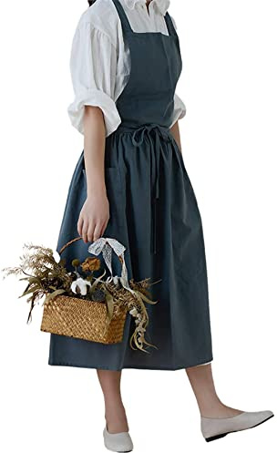 Achsoo Baumwolle Leinen Schürzen Einfarbig Japanischer Stil Kreuz Zurück Schürze mit Tasche Retro Literatur Kunst Blumenladen Kleidung für Damen Herren Küche Kochschürzen